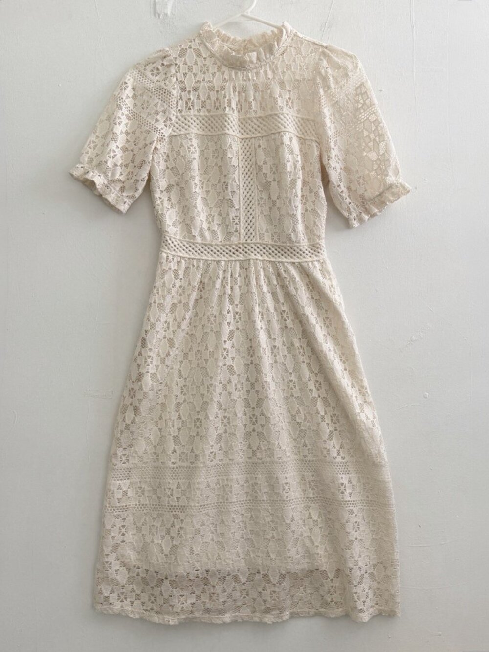 NEW MONTEAU Womens Lace Midi Dress SMALL Beige Balloon Sleeve Cottagecore